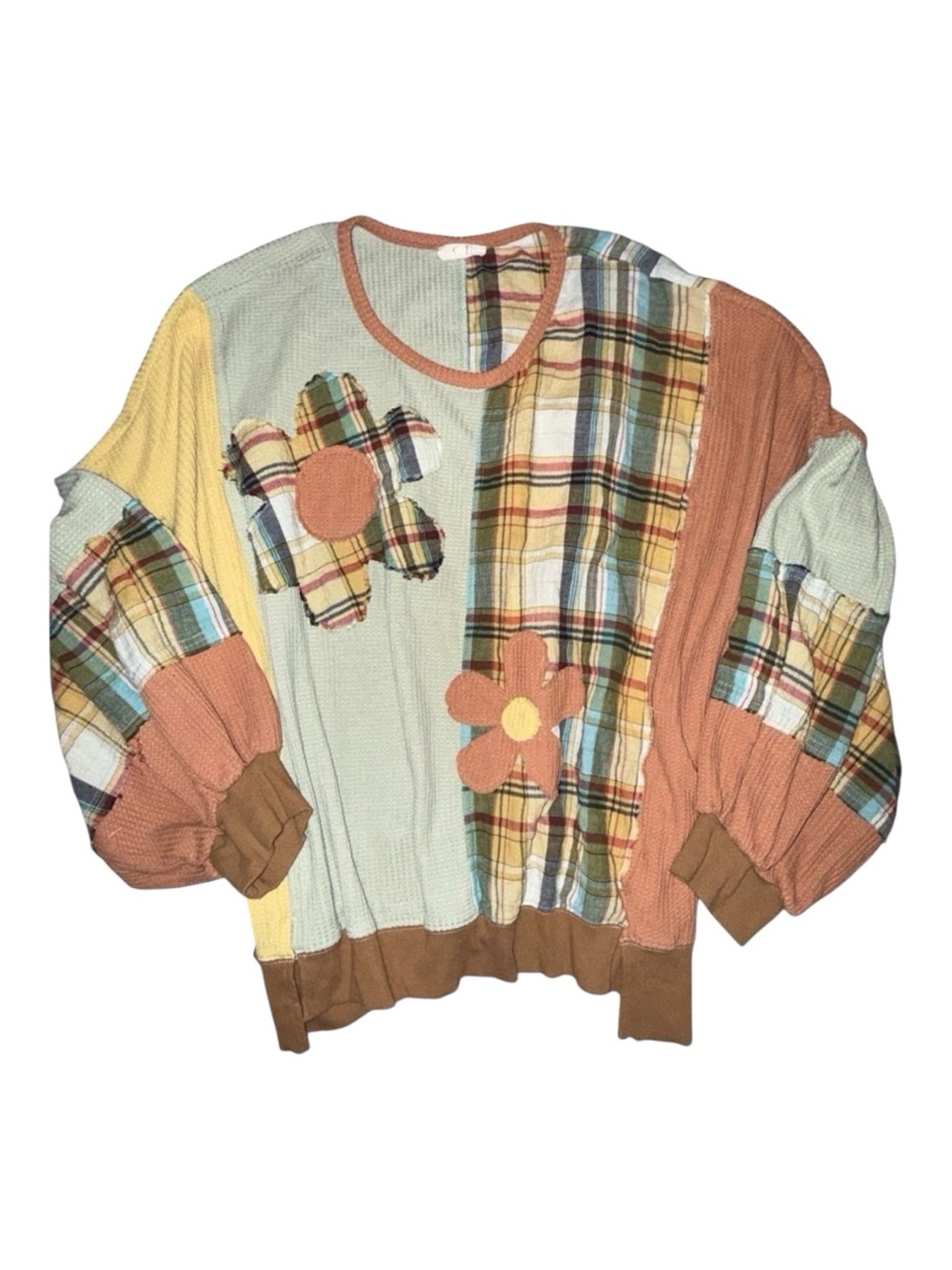 Easel Women's 3X Plaid Mix Daisy Flower Patch Oversized Thermal Knit Top Boho